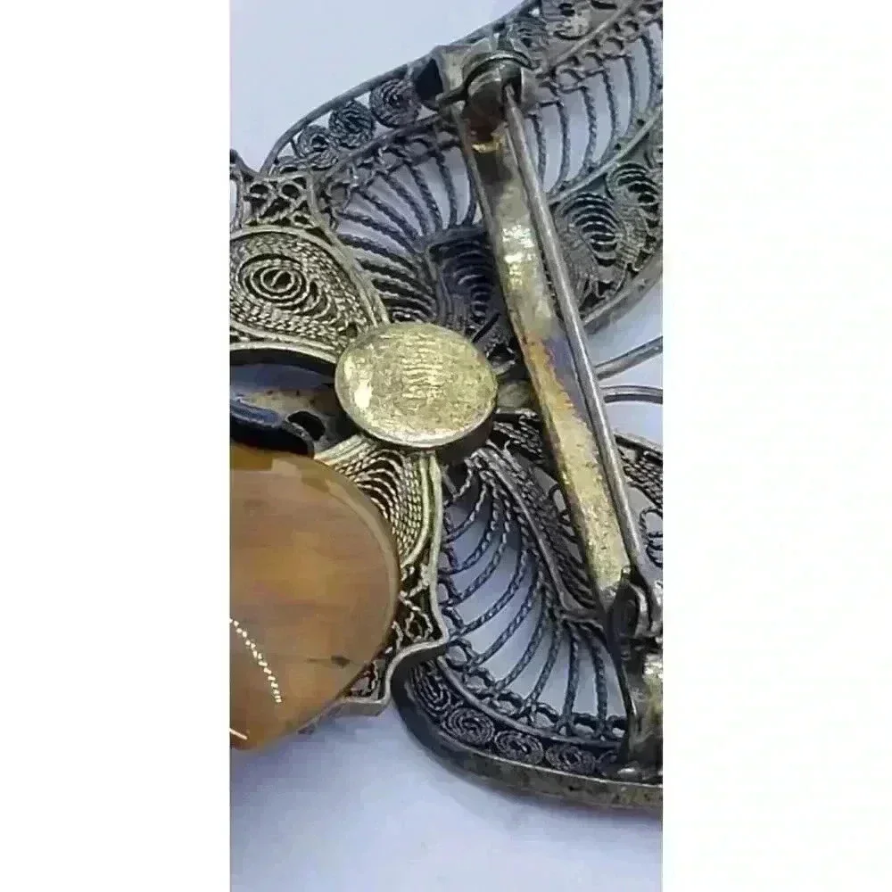 Vintage BIG Butterfly Brooch Silver Filigree Enamel Tigers Eye 30s 40s Art Deco
